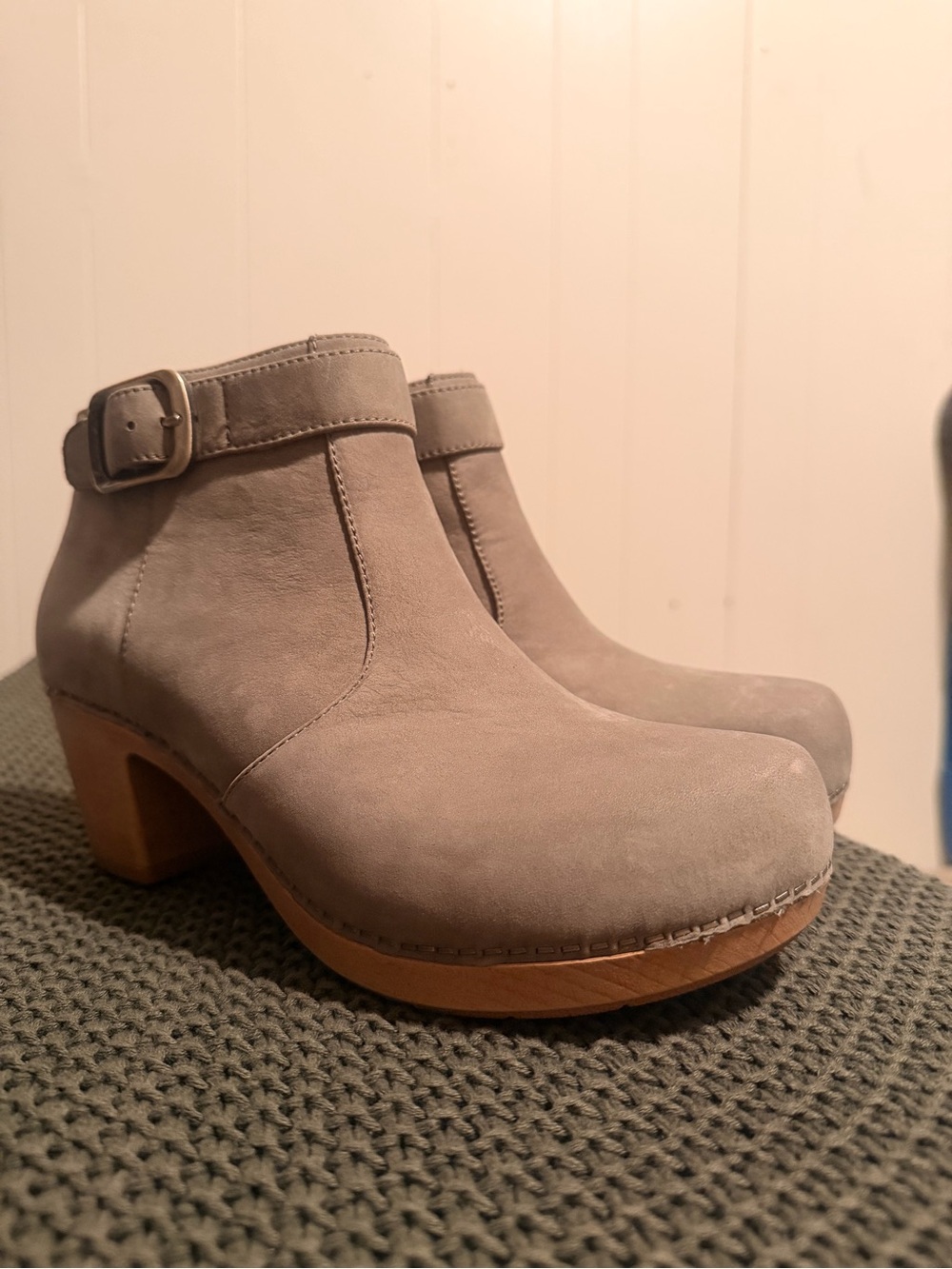 Dansko Sage Green Suede Ankle Clog Booties with Buckle